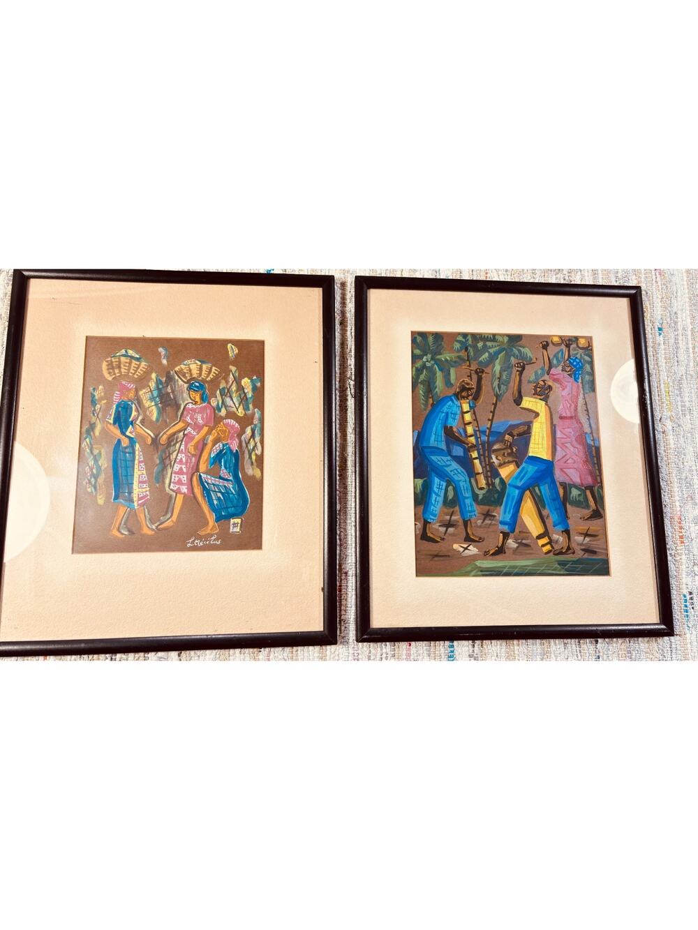 Vintage Haitian Folk Art Paintings Signed L Meselus Pair Caribbean Primitive Art
